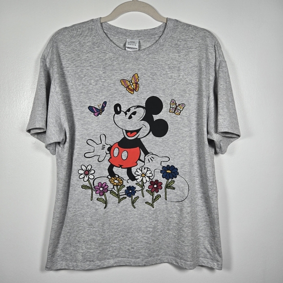 Disney Tops - Disney Mickey Mouse Character Embrodered Floral Gray Heathered T-Shirt Large